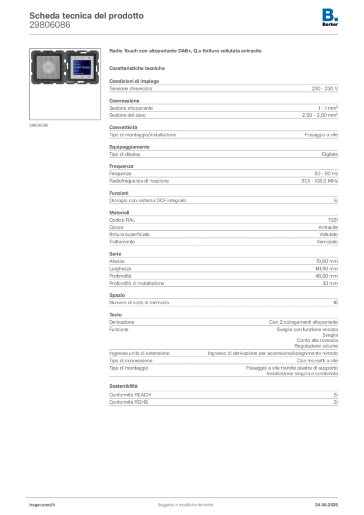 Immagine Berker Scheda tecnica del prodotto 29806086 | Hager Italia