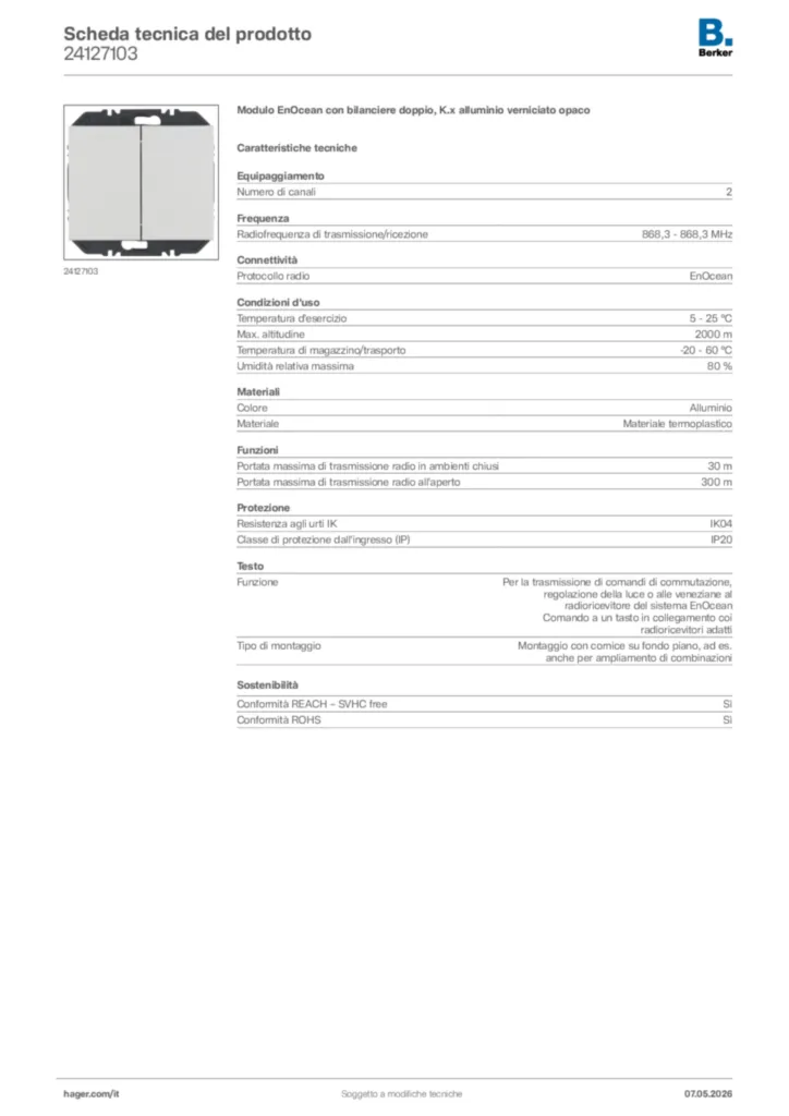 Immagine Berker Scheda tecnica del prodotto 24127103 | Hager Italia