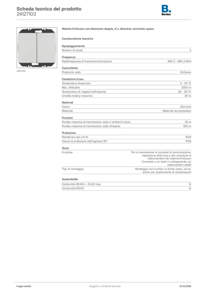 Immagine Berker Scheda tecnica del prodotto 24127103 | Hager Italia