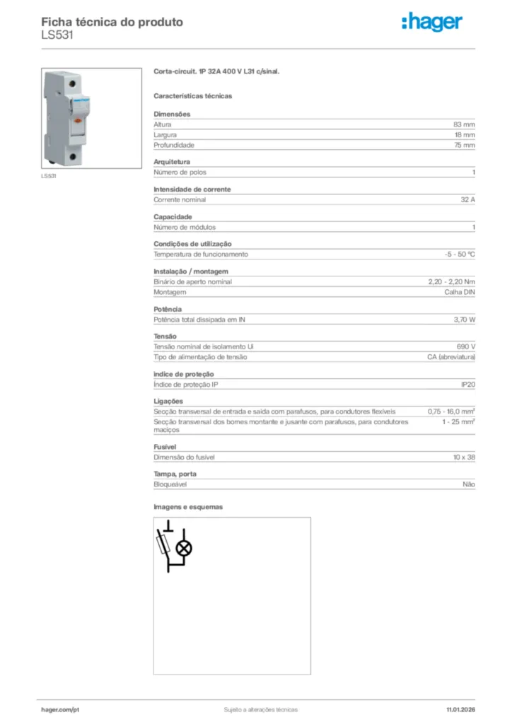Imagem Hager Ficha técnica do produto LS531 | Hager Portugal