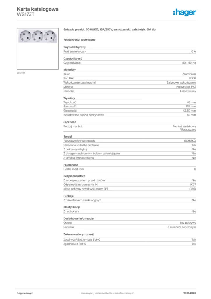 Zdjęcie Hager Karta katalogowa WS173T | Hager Polska