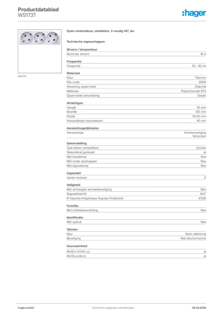 Afbeelding Hager Productdatablad WS173T | Hager Nederland