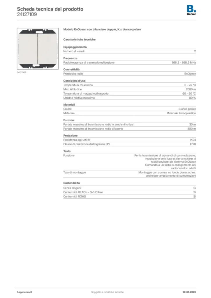 Immagine Berker Scheda tecnica del prodotto 24127109 | Hager Italia