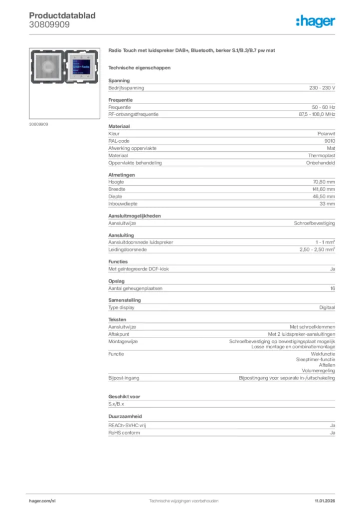 Afbeelding Hager Productdatablad 30809909 | Hager Nederland