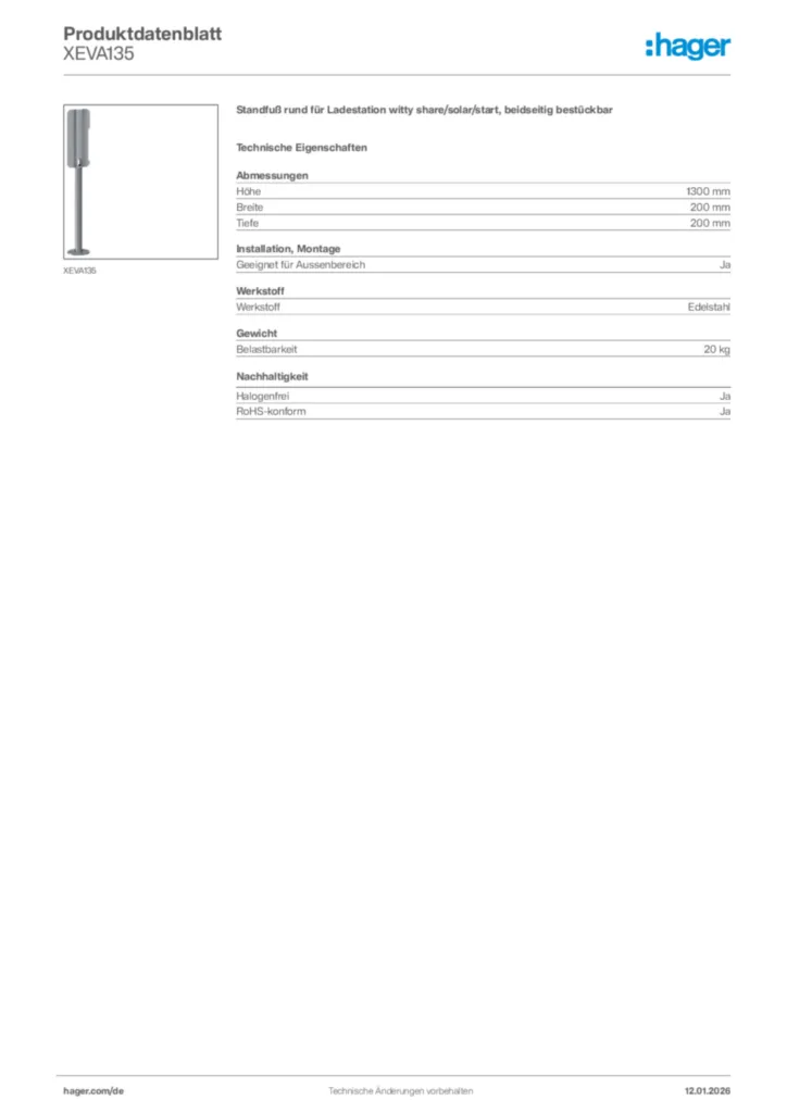Bild Hager Produktdatenblatt XEVA135 | Hager Deutschland