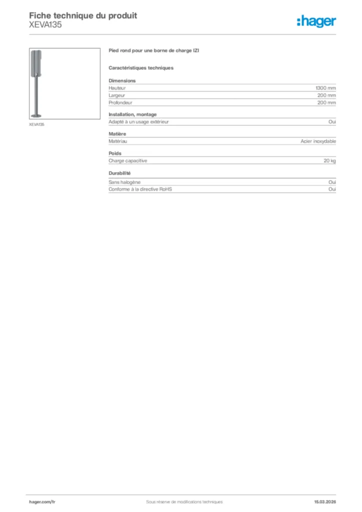 Image Hager Fiche technique du produit XEVA135 | Hager France