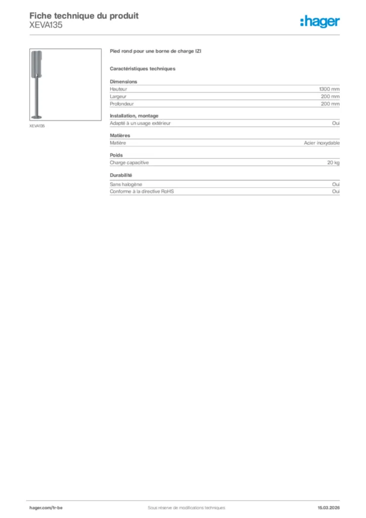 Image Hager Fiche technique du produit XEVA135 | Hager Belgique