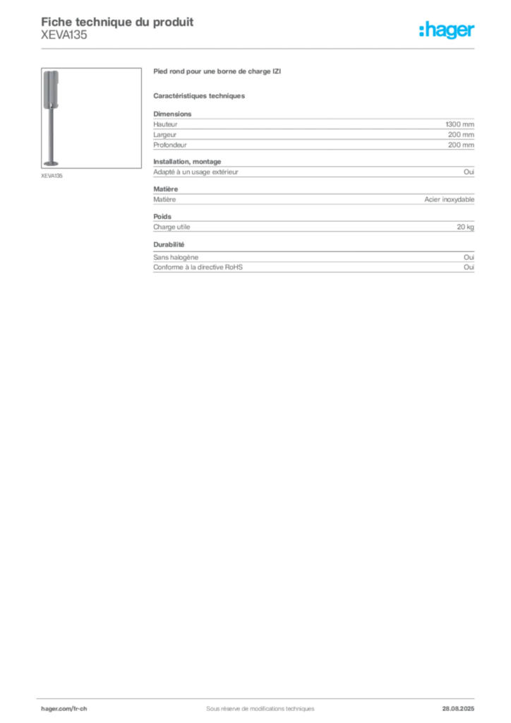Image Hager Fiche technique du produit XEVA135 | Hager Suisse