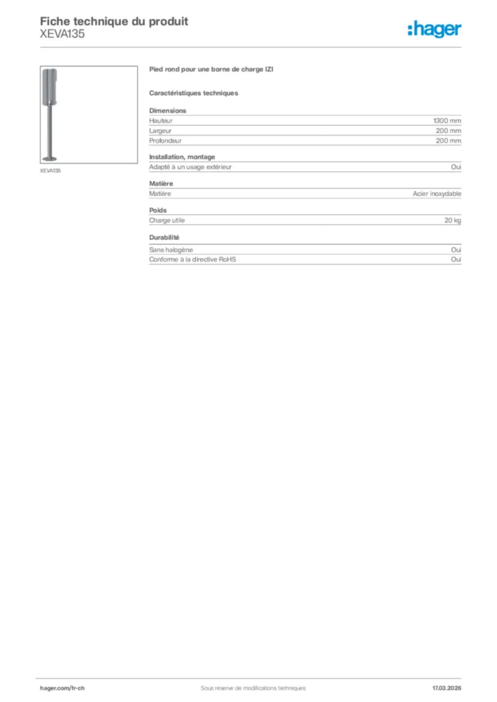 Image Hager Fiche technique du produit XEVA135 | Hager Suisse