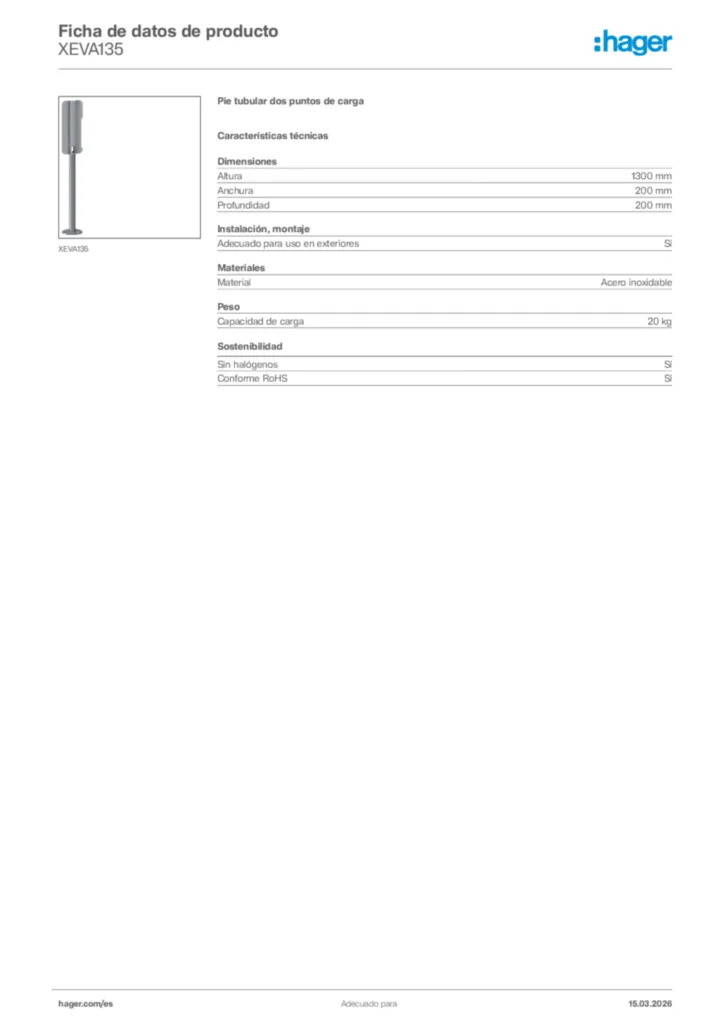 Imagen Hager Ficha de datos de producto XEVA135 | Hager España