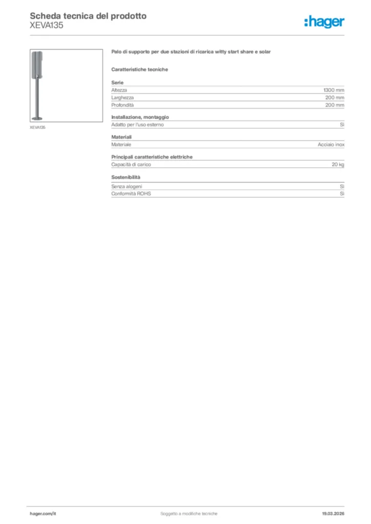 Immagine Hager Scheda tecnica del prodotto XEVA135 | Hager Italia