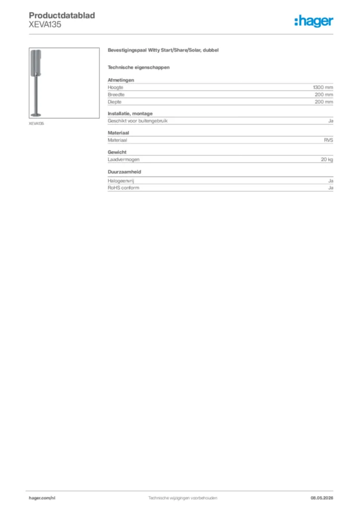 Afbeelding Hager Productdatablad XEVA135 | Hager Nederland