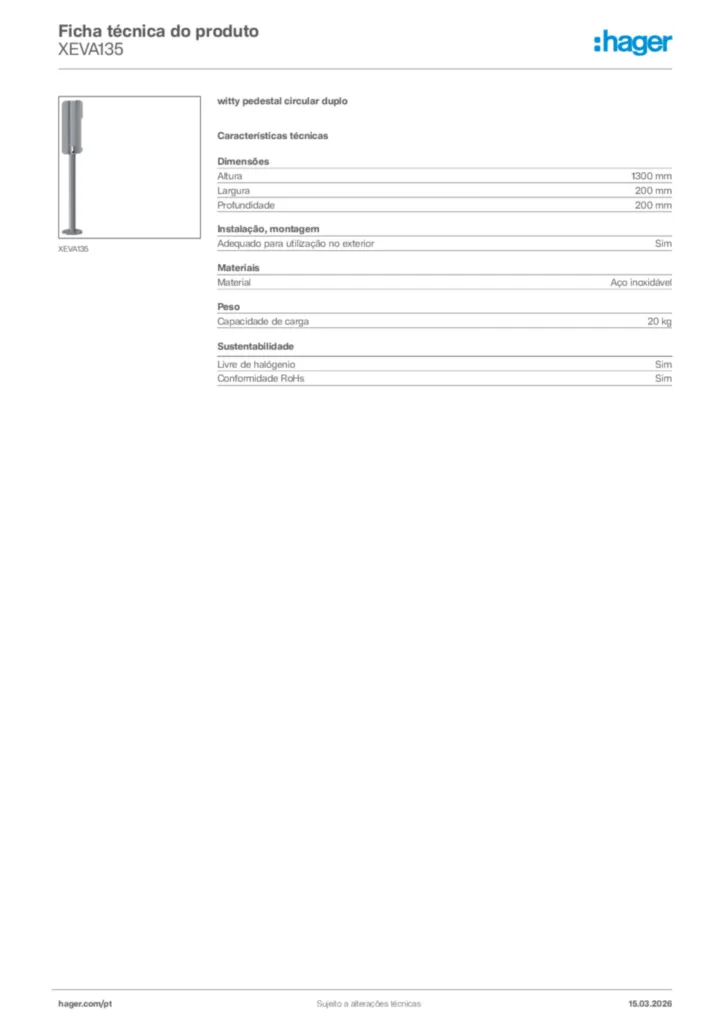 Imagem Hager Ficha técnica do produto XEVA135 | Hager Portugal
