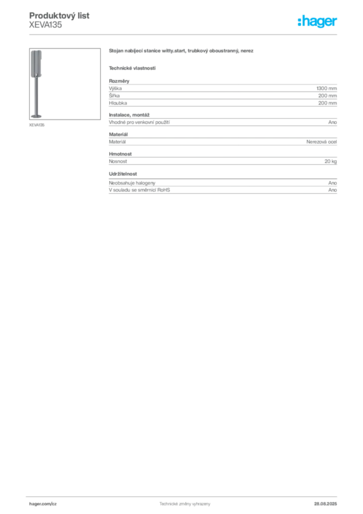 Obrázek Hager Produktový list XEVA135 | Hager