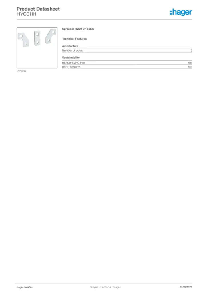 Image Hager Product data sheet HYC011H  | Hager Australia