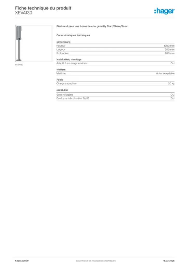 Image Hager Fiche technique du produit XEVA130 | Hager France