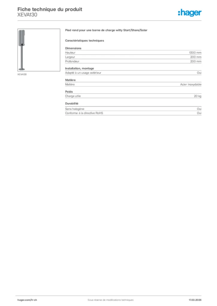Image Hager Fiche technique du produit XEVA130 | Hager Suisse