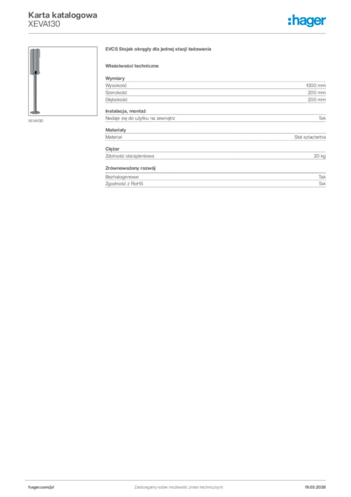 Zdjęcie Hager Karta katalogowa XEVA130 | Hager Polska