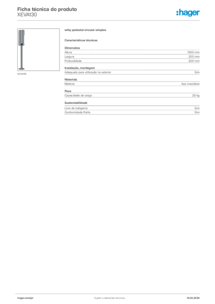 Imagem Hager Ficha técnica do produto XEVA130 | Hager Portugal