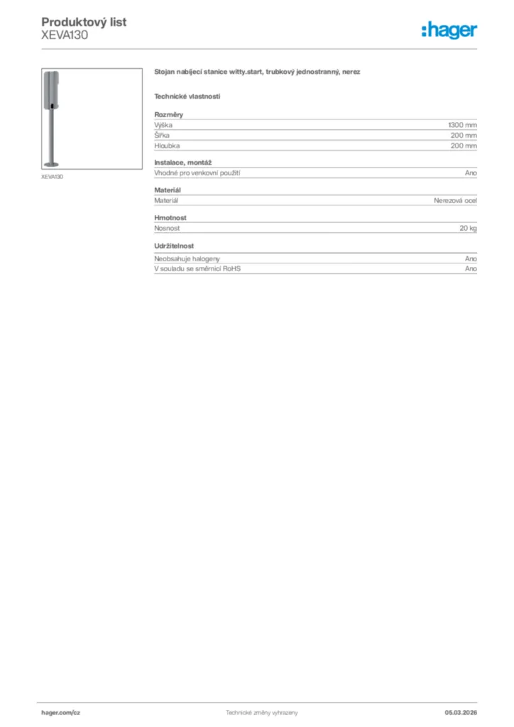 Obrázek Hager Product data sheet XEVA130 | Hager