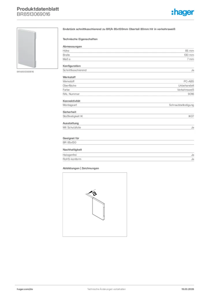 Bild Hager Produktdatenblatt BR8513069016 | Hager Deutschland