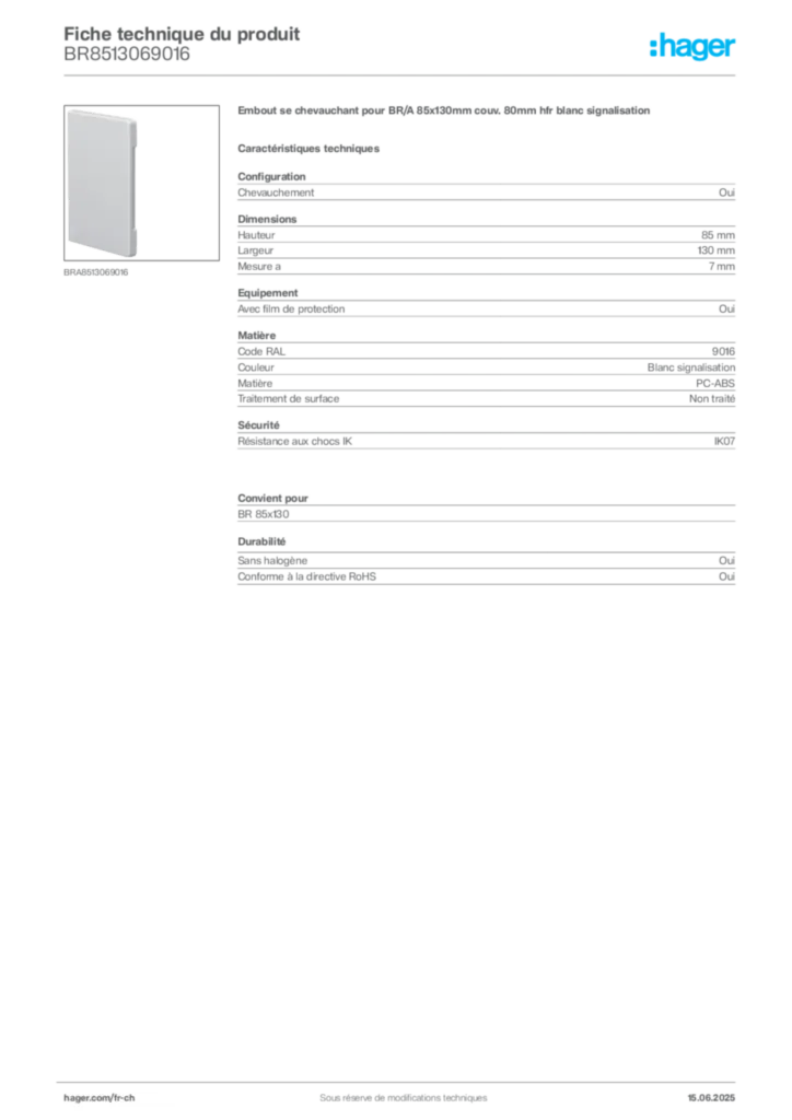 Image Hager Fiche technique du produit BR8513069016 | Hager Suisse