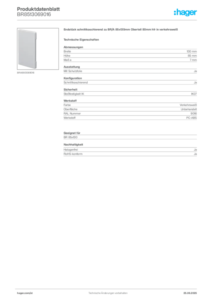 Bild Hager Produktdatenblatt BR8513069016 | Hager Deutschland
