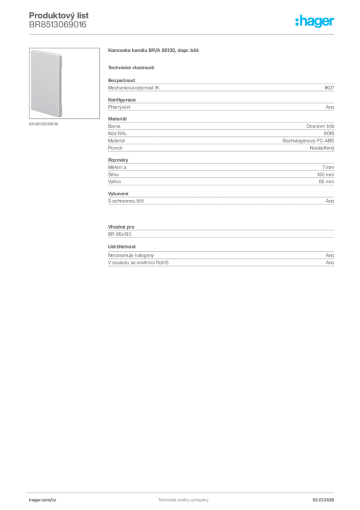 Obrázek Hager Produktový list BR8513069016 | Hager