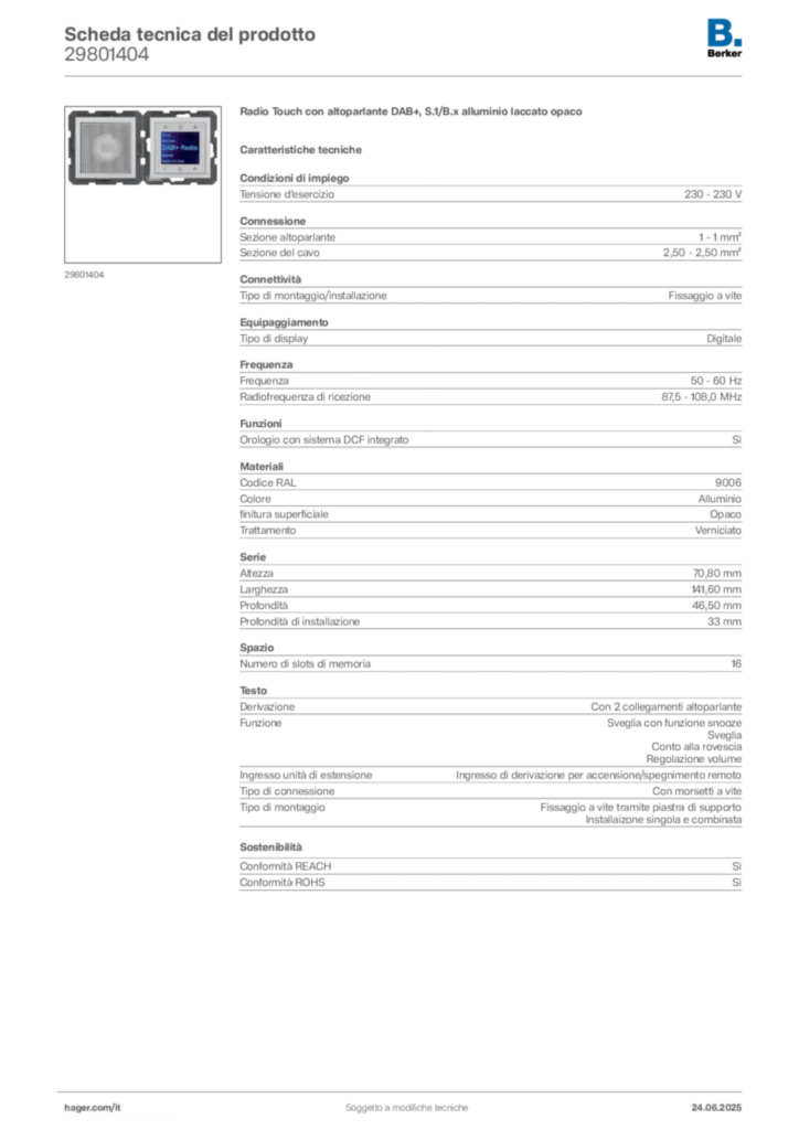 Immagine Berker Scheda tecnica del prodotto 29801404 | Hager Italia