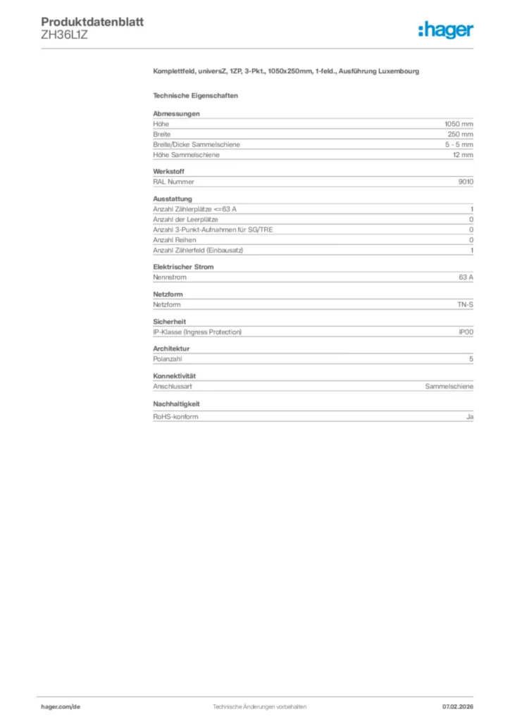 Bild Hager Produktdatenblatt ZH36L1Z | Hager Deutschland