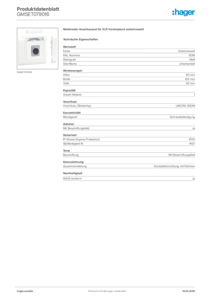 Bild Hager Produktdatenblatt GMSET079016 | Hager Deutschland