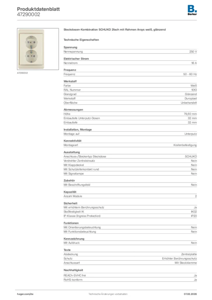Bild Berker Produktdatenblatt 47290002 | Hager Deutschland
