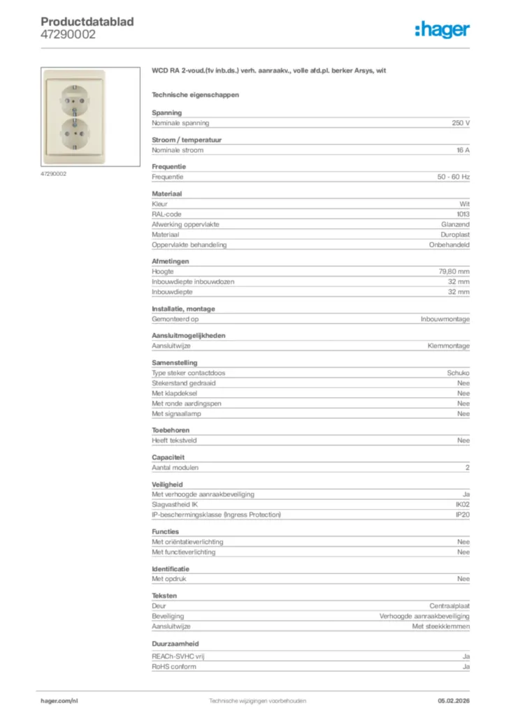 Afbeelding Hager Productdatablad 47290002 | Hager Nederland