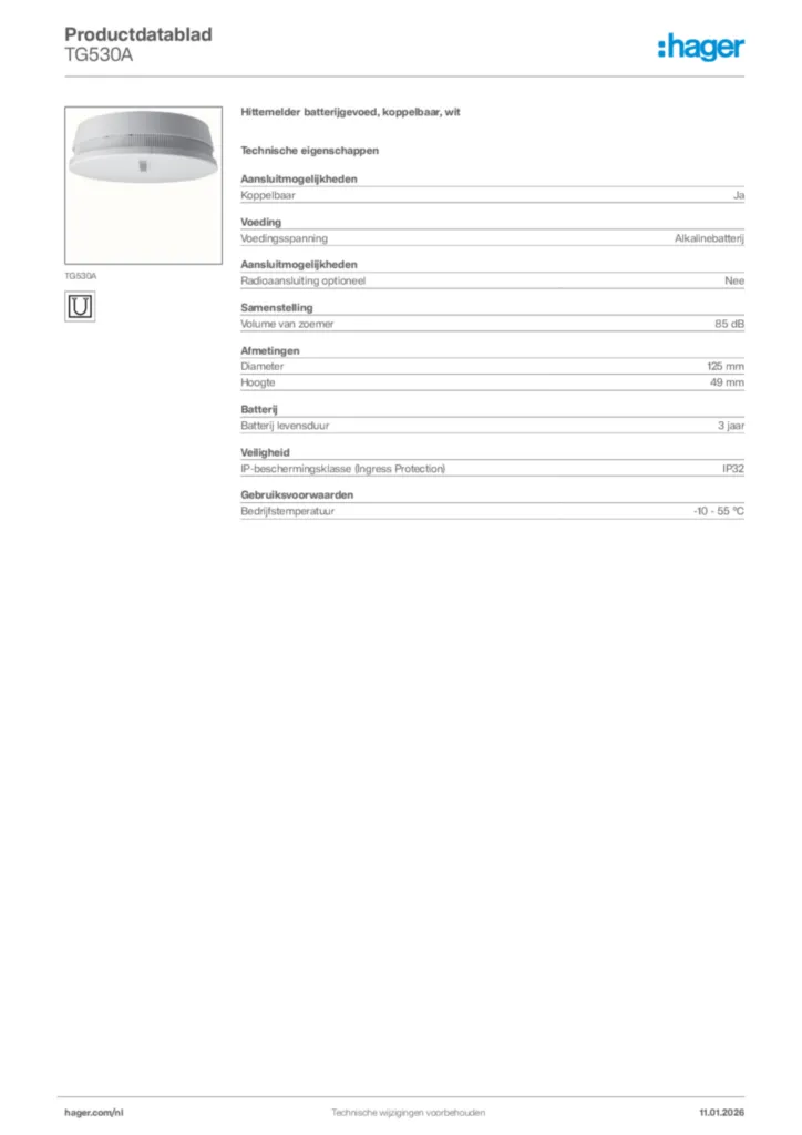 Afbeelding Hager Productdatablad TG530A | Hager Nederland