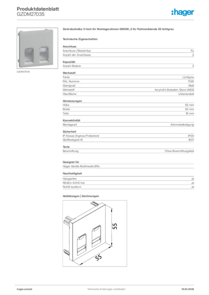 Bild Hager Produktdatenblatt GZDM27035 | Hager Deutschland