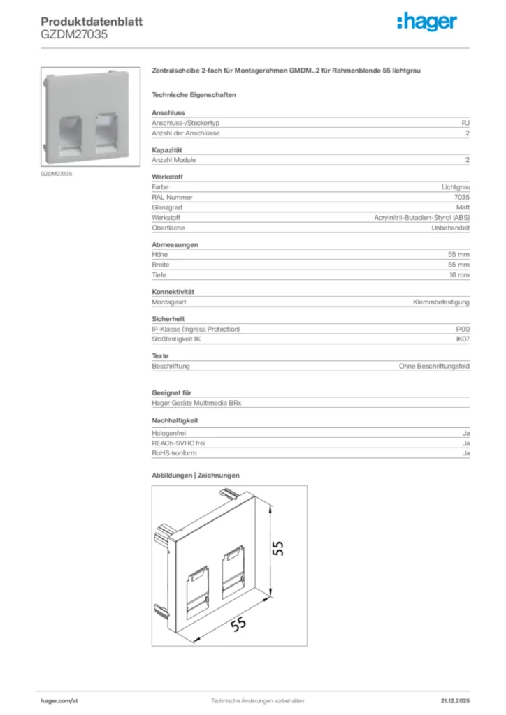 Bild Hager Produktdatenblatt GZDM27035 | Hager Deutschland