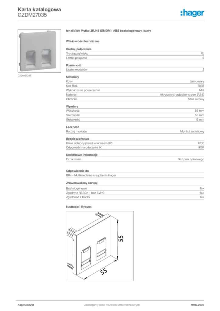 Zdjęcie Hager Karta katalogowa GZDM27035 | Hager Polska