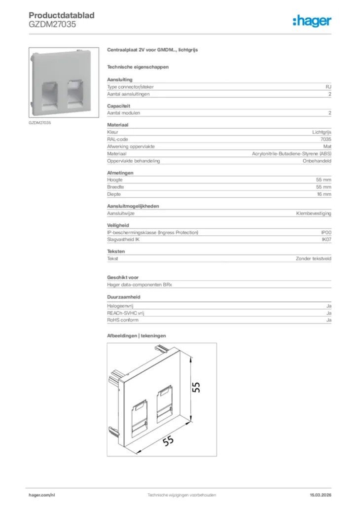 Afbeelding Hager Productdatablad GZDM27035 | Hager Nederland