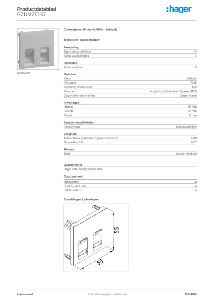 Afbeelding Hager Productdatablad GZDM27035 | Hager Nederland