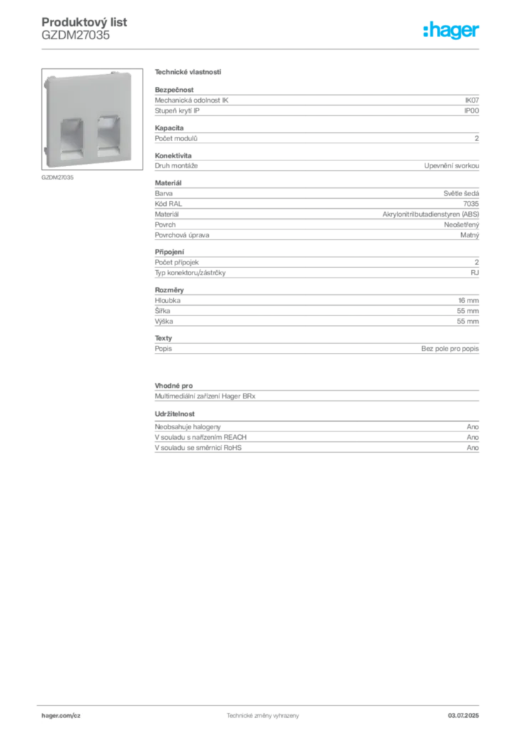 Obrázek Hager Produktový list GZDM27035 | Hager