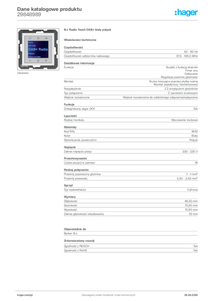 Zdjęcie Hager Dane katalogowe produktu 29848989 | Hager Polska