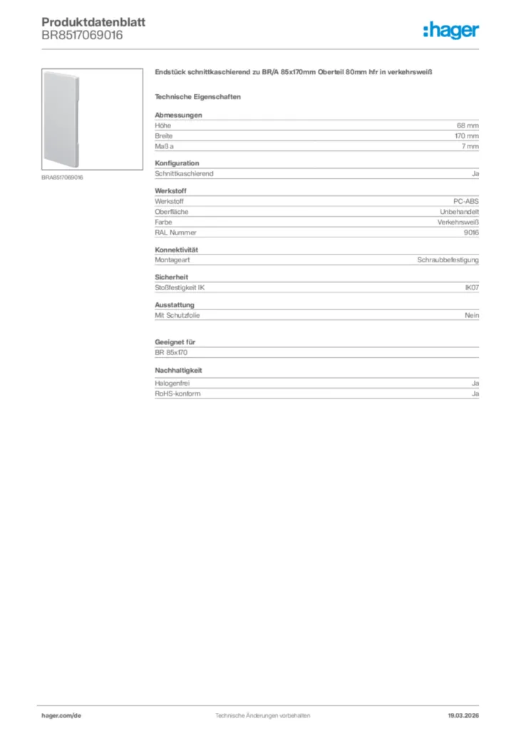 Bild Hager Produktdatenblatt BR8517069016 | Hager Deutschland