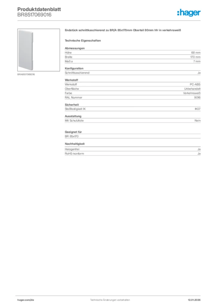Bild Hager Produktdatenblatt BR8517069016 | Hager Deutschland