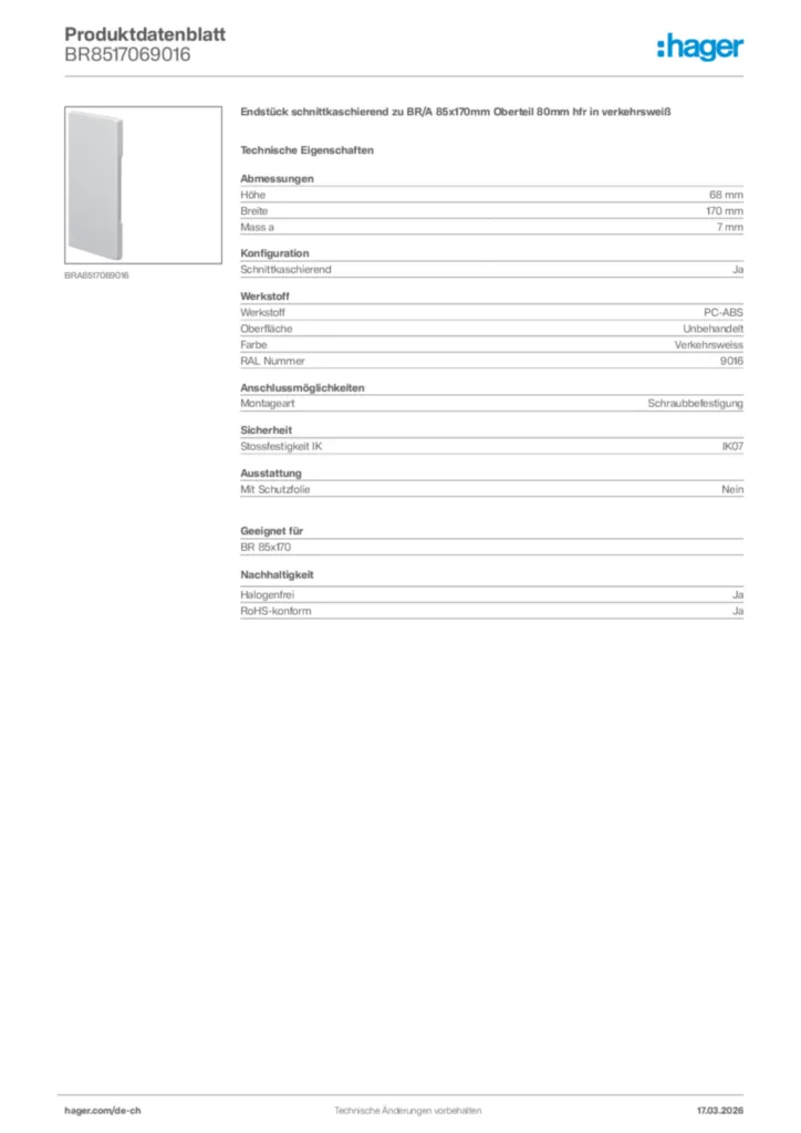 Bild Hager Produktdatenblatt BR8517069016 | Hager Schweiz
