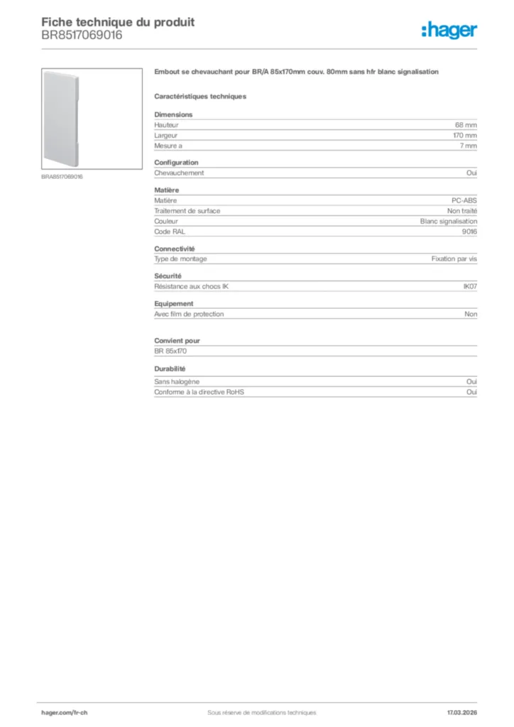 Image Hager Fiche technique du produit BR8517069016 | Hager Suisse