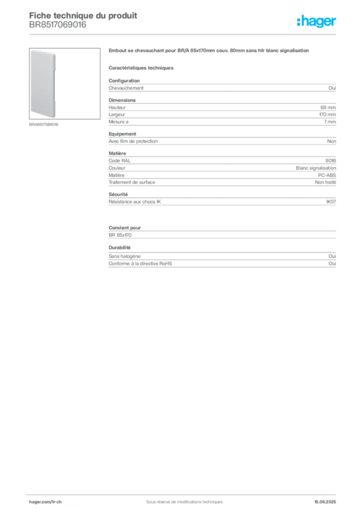 Image Hager Fiche technique du produit BR8517069016 | Hager Suisse