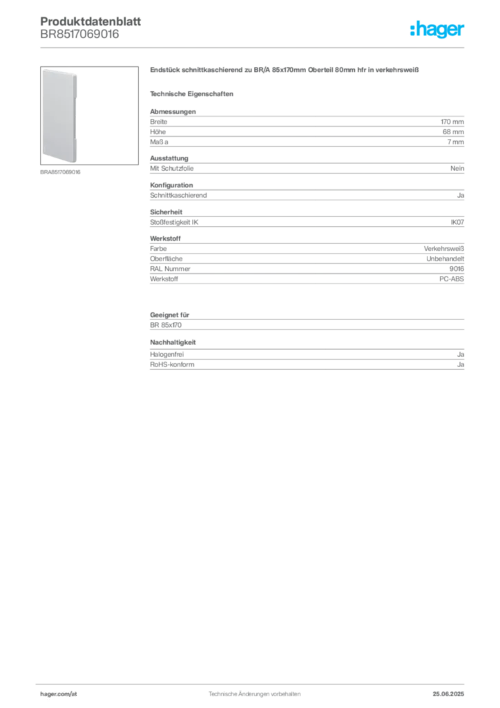 Bild Hager Produktdatenblatt BR8517069016 | Hager Deutschland