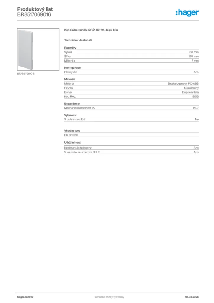 Obrázek Hager Product data sheet BR8517069016 | Hager