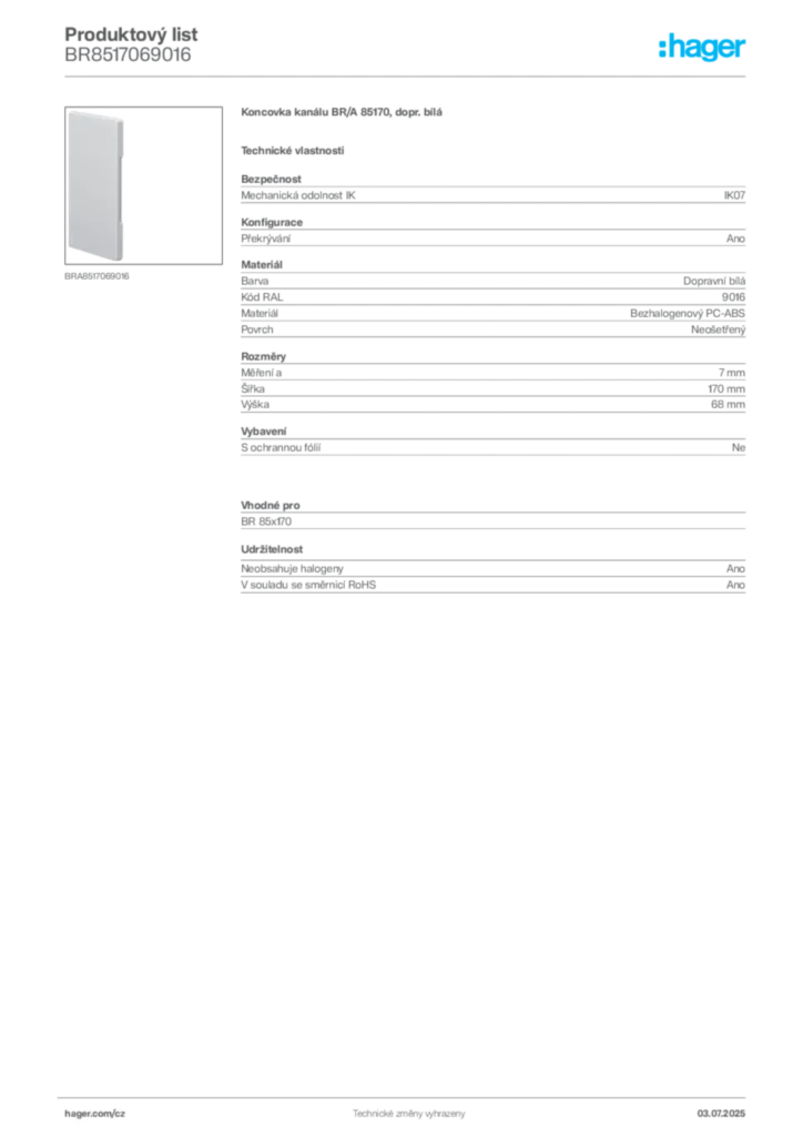 Obrázek Hager Produktový list BR8517069016 | Hager