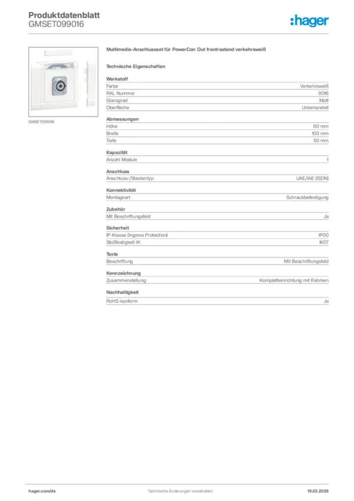Bild Hager Produktdatenblatt GMSET099016 | Hager Deutschland